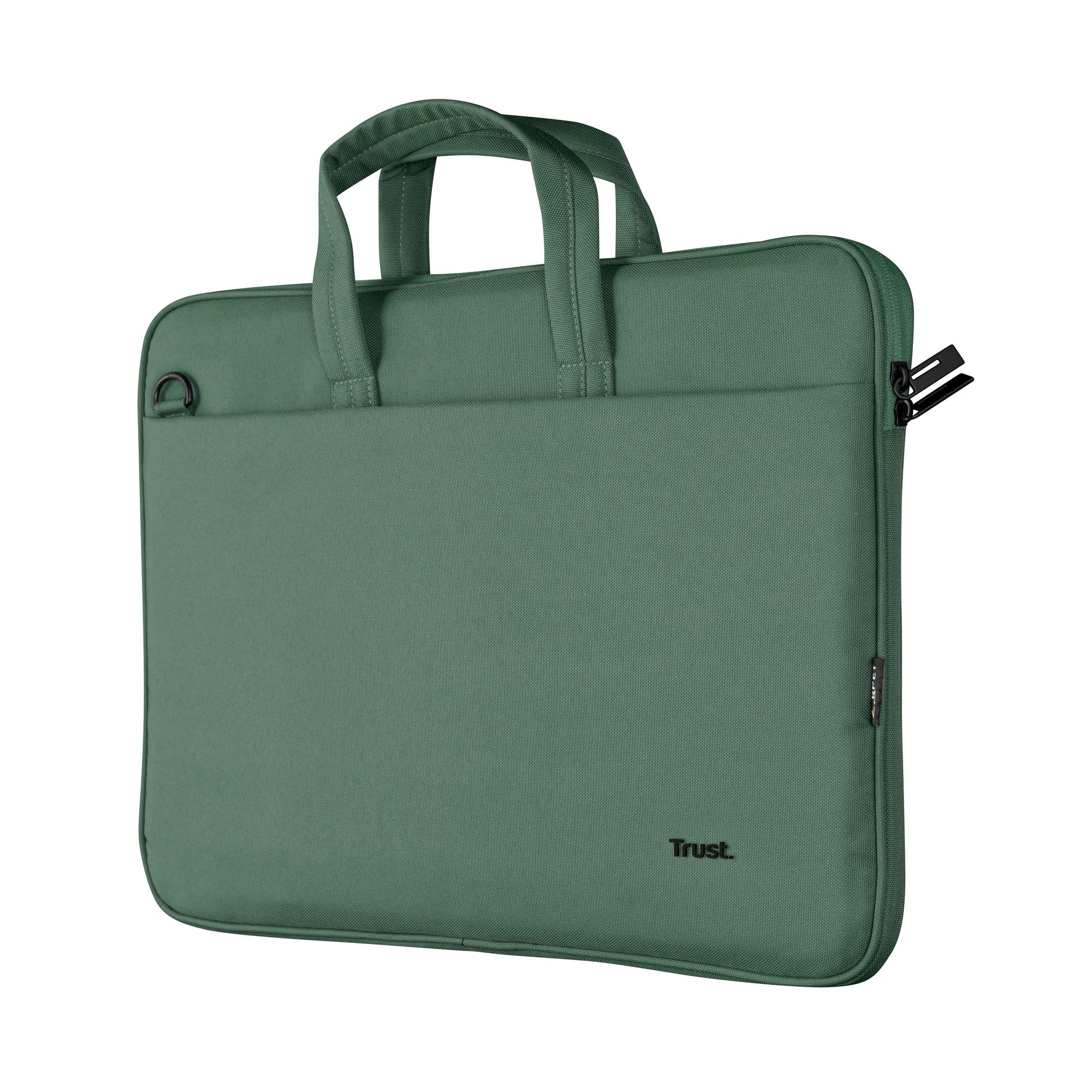 Trust Bologna Sustainable Slim Laptop Bag 16 Inch with Shoulder Strap Eco Recycled Plastic Case RPET Work Lightweight Carrying for Travel Business Office School - Green