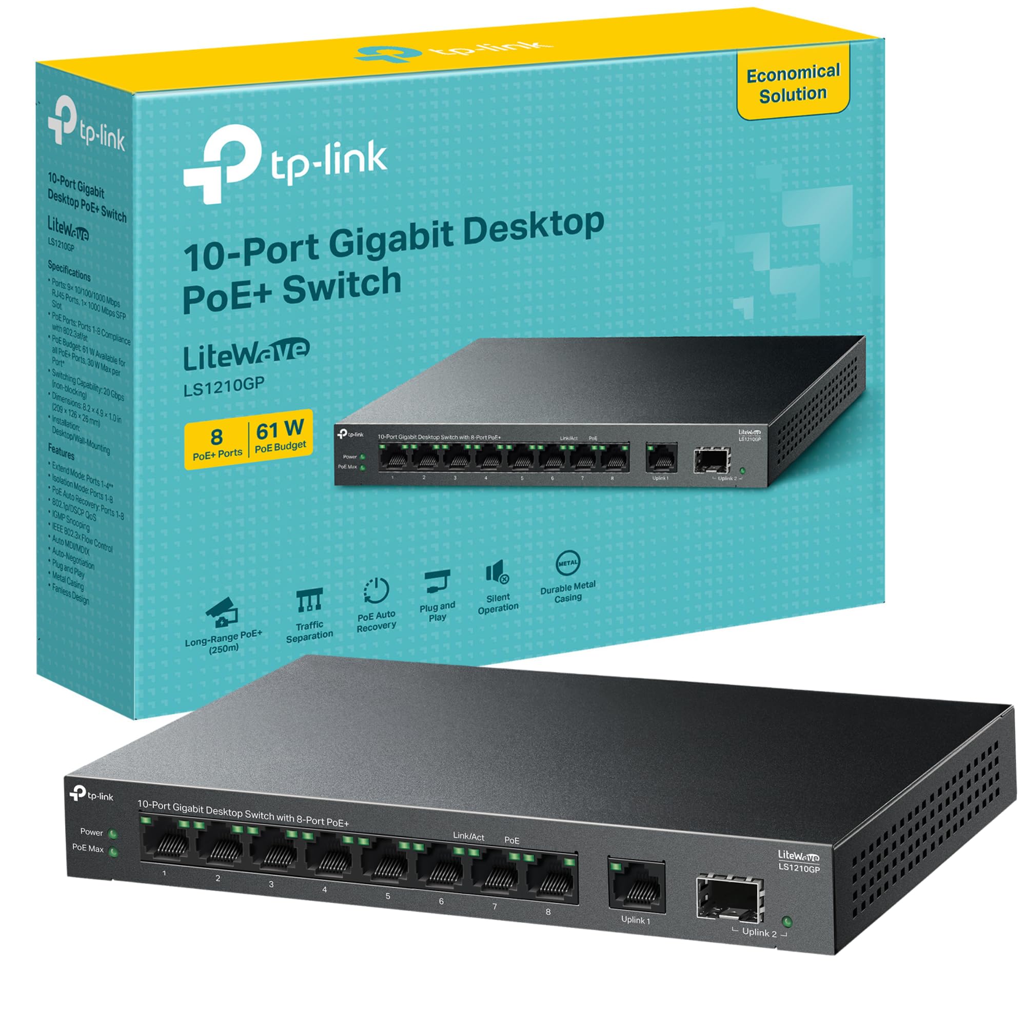 TP-Link 10-Port Gigabit Desktop Switch with 8-Port PoE+ 61 W PoE Budget 30 output Up to 250m Transmission Traffic Separation Plug and Play Fanless Metal Case (LS1210GP)
