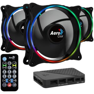 AeroCool Eclipse 12 Pro Bundle 3 x ARGB fans 120mm 1 H66F HUB Remote Control RGB LED Dual Slim Ring Lighting Includes 6-pin connector Curved blades and Anti-Vibration Pads PC Fan Black