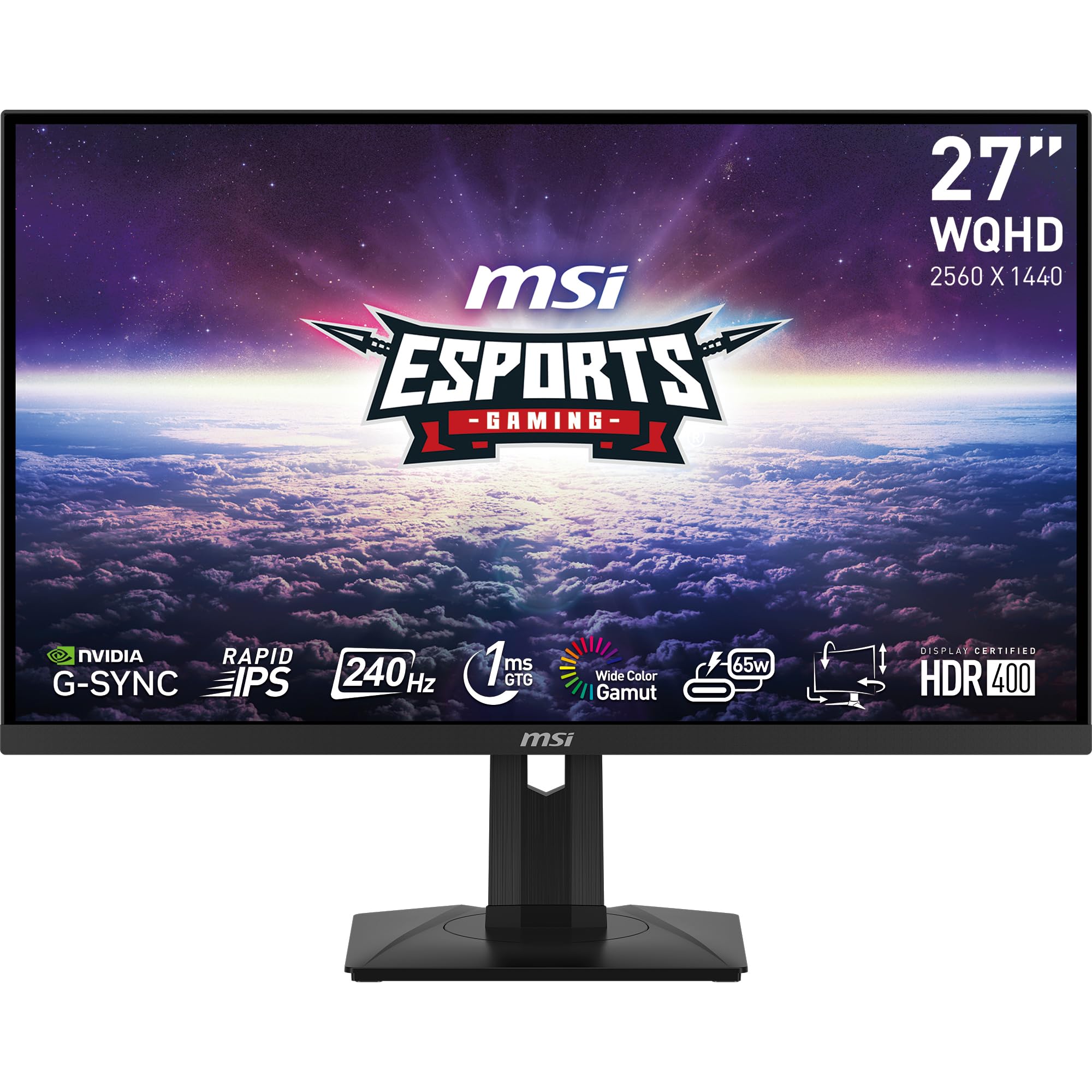 MSI G274QPX 27 Inch WQHD Gaming Monitor - 2560 x 1440 Rapid IPS Panel 240 Hz / 1ms GtG 98 DCI-P3 Colour Gamut HDR 400 Type-C PD 65W G-SYNC compatible DP 14a HDMI 20b CEC
