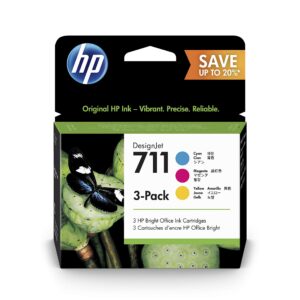 HP 711 P2V32A 3-Pack Cyan Magenta & Yellow 28-ml Genuine Ink Cartridge Colour for DesignJet T120 T125 T130 T520 T525 T530 Large Format Plotter Printers and Printhead