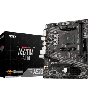 MSI A520M-A PRO Motherboard mATX - Supports AMD Ryzen 3rd Gen Processors AM4 DDR4 Boost (4600MHz/OC) 1 x PCIe 30 x1 M2 Gen3 x4 Gigabit LAN