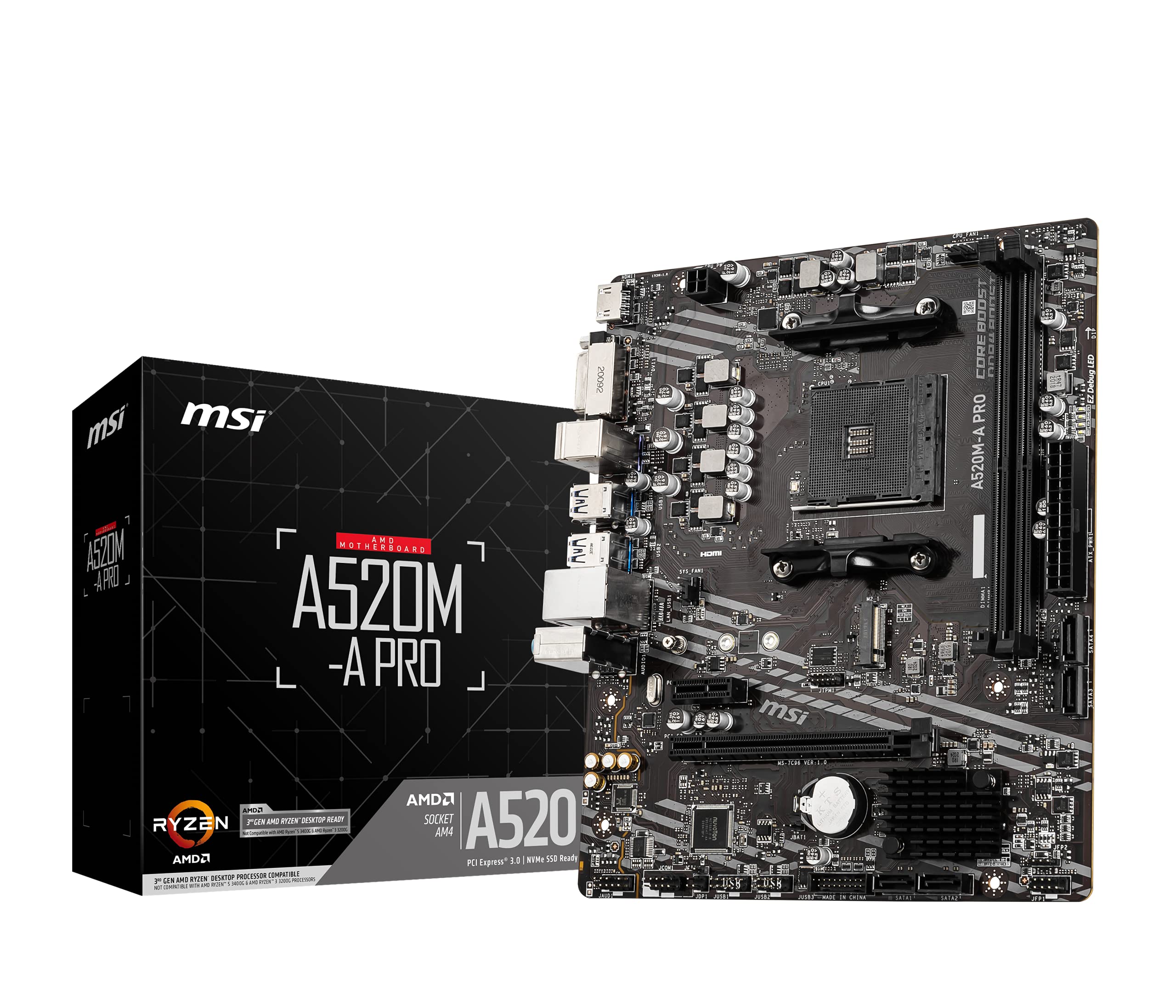 MSI A520M-A PRO Motherboard mATX - Supports AMD Ryzen 3rd Gen Processors AM4 DDR4 Boost (4600MHz/OC) 1 x PCIe 30 x1 M2 Gen3 x4 Gigabit LAN