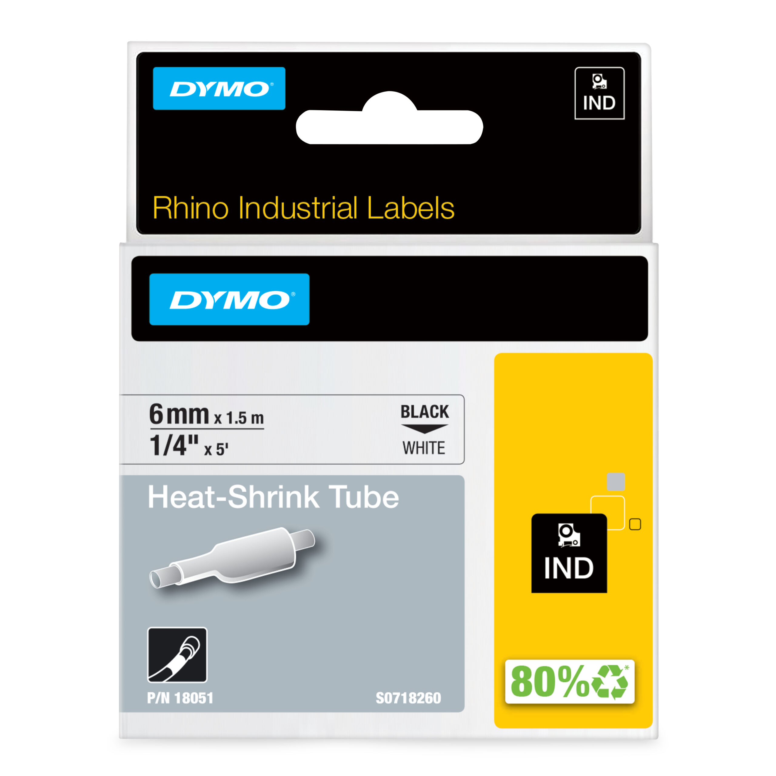 Dymo 18051/S0718260 Heat Shrink Tubes black / white 6mm x 15m for Rhino 6-12mm/19mm/24mm