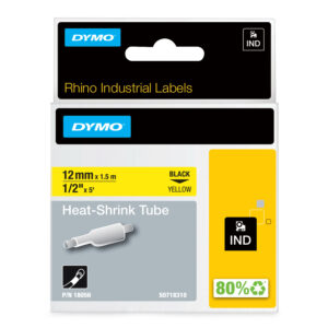 Dymo 18056/S0718310 Heat Shrink Tubes black on yellow 12mm x 15m for Rhino 6-12mm/19mm/24mm